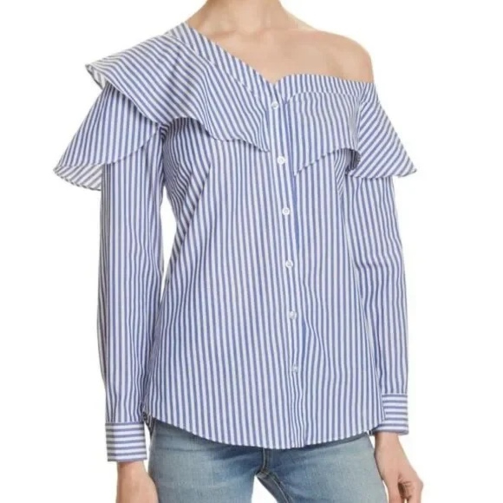 Bardot Blue & White Striped Off-Shoulder Button-Down Blouse